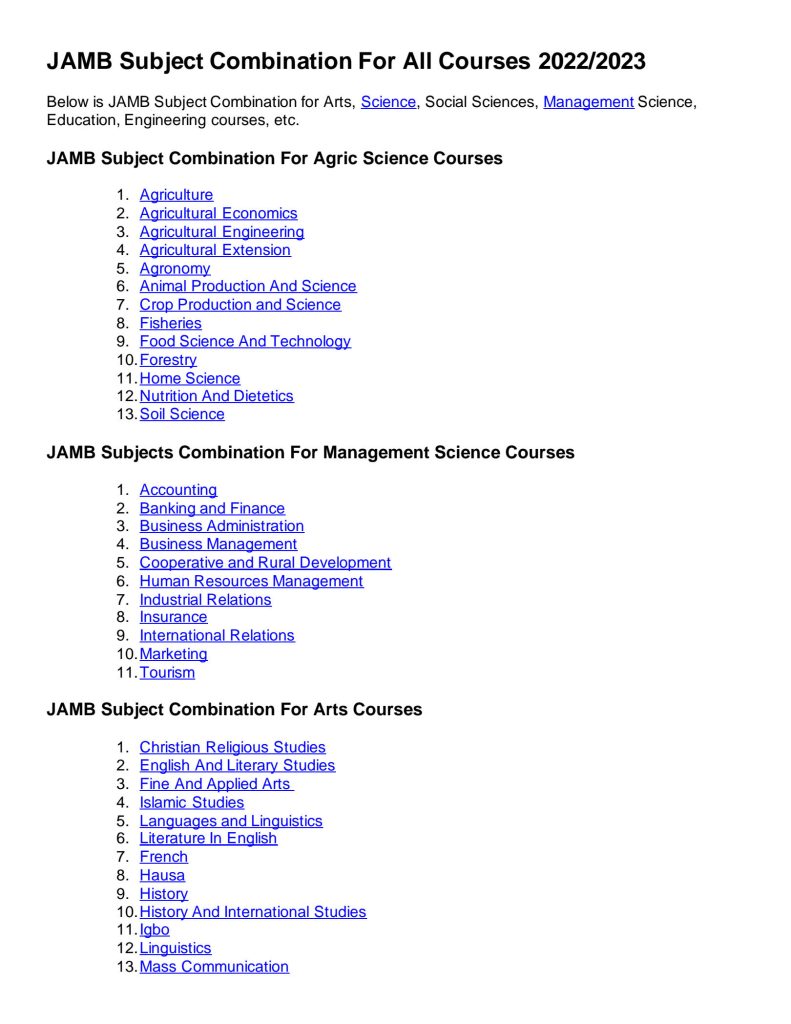 JAMB Subject Combination for Veterinary Medicine 2024